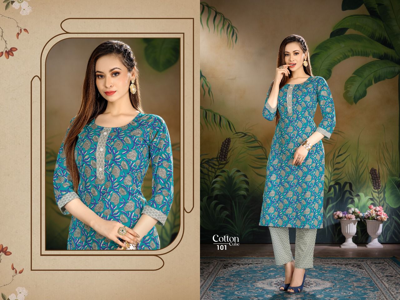 Cotton Cube 101 Cotton Printed Ethnic Wear Kurti With Pant Collection
